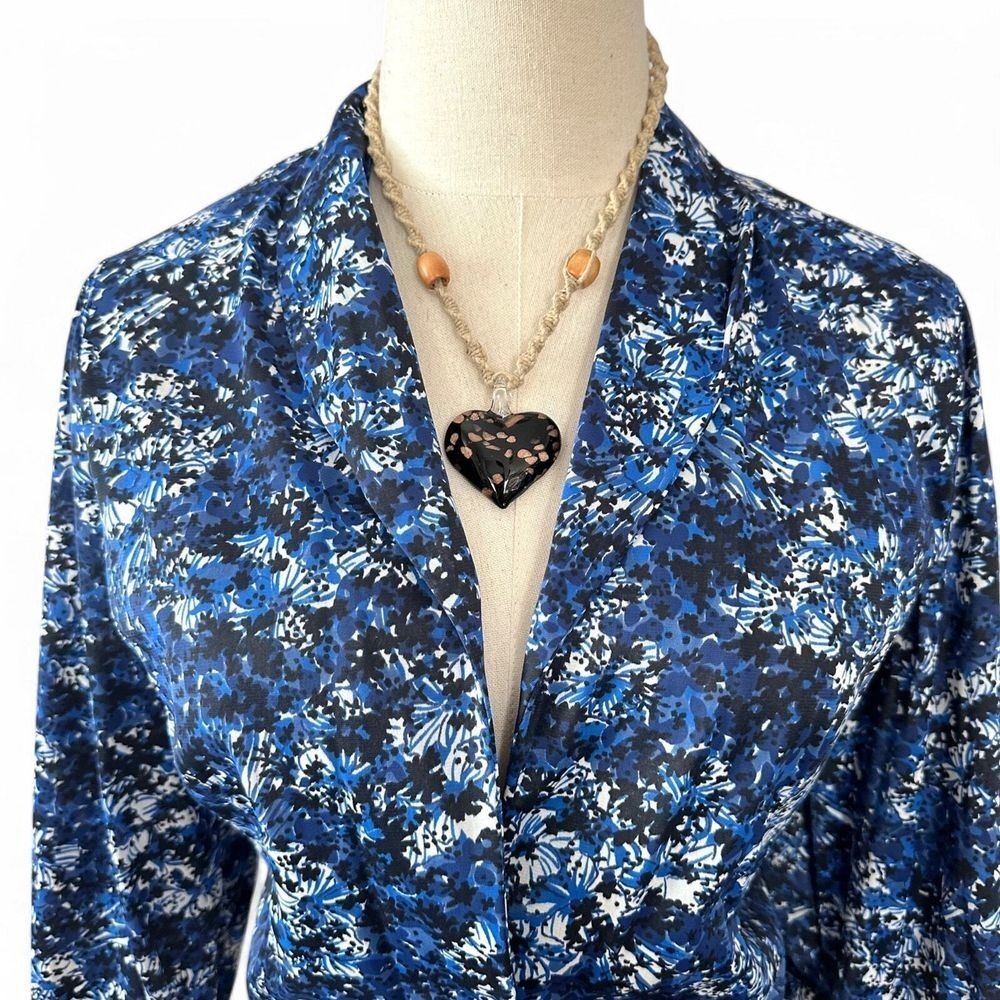 Vintage 80s Blue Floral Cropped Shacket Pearl Buttons Granny Chic Jacket Large - Picture 3 of 8